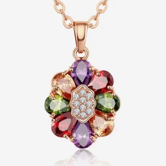 Multicolor Diamond Cubic Zirconia Mosaic Pendant Rose Gold Necklace NEW IN BOX - Picture 1 of 4
